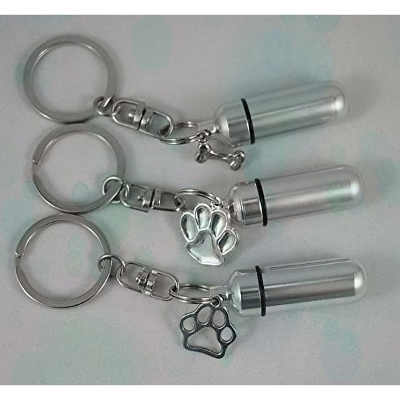 Special PET/DOG PAW/BONE TRIO - Silver CREMATION URN Keepsake Set - on Swivel Stainless Steel Keychains