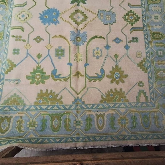 Special Rugs 8'x10' Cream Green Oushak Rug Vintage Turkish Floral Area Rug, Washable, for Living Room, Bedroom, Dining Room