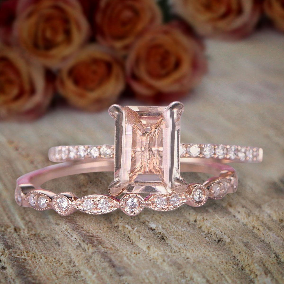 Special Sale 1.50 Carat Emerald Cut Morganite And Diamond Moissanite Engagement Ring Bridal Set With 18K Rose Gold Plating Promise Ring Anniversary Walmart