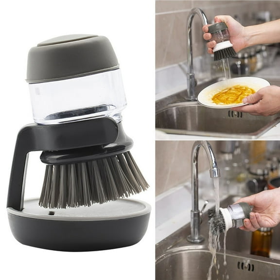 Special Savings! Dish Brush With Soap Dispenser Kitchen Scrub Brush For Dishes Pots Pans Cleaning Dish Scrubber With Holder Set (Grey Handle & Nylon Bristles)