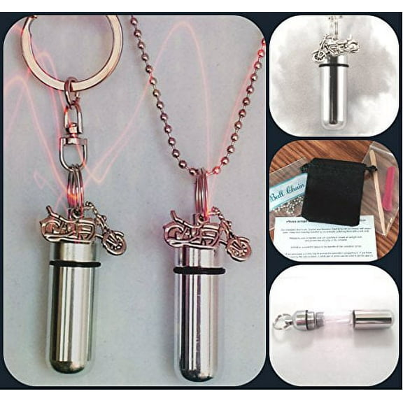 Special Set of TWO Silver MOTORCYCLE CREMATION URNS (keychain & necklace) with Engraved American Flags!! Includes Velvet Pouch & Fill Kit