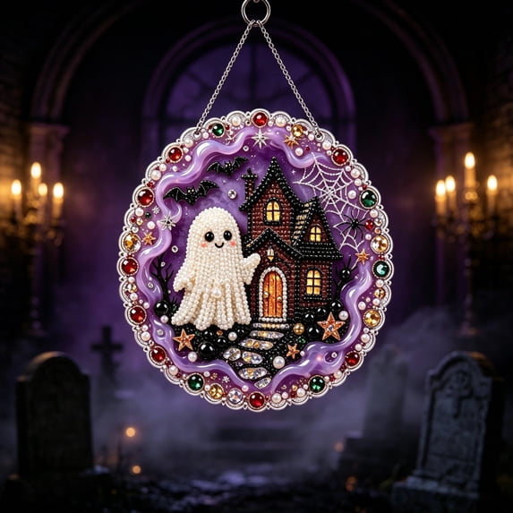 Special Shaped Diamond Art Hanging Kit for Adults, Halloween Ghost Wreath DIY Rhinestone Painting Craft Set, Pearl Gem Diamond Painting Pendant for Indoor Home Door & Wall Decoration