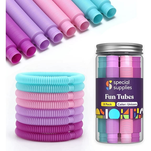 Special Supplies 8-Pack Fun Pull and Fun Tubes for Kids Stretch, Bend, Build, and Connect Toy, Provide Tactile and Auditory Sensory Play, Colorful, Heavy-Duty Plastic (Unicorn)