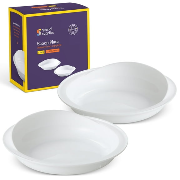 Special Supplies Adaptive Spill-Proof Scoop Plates- Dishes with Wall for Disabled Elderly Adults with Special Needs from Parkinson's, Arthritis, Dementia, Stroke, Tremors- 2 Pack (White)
