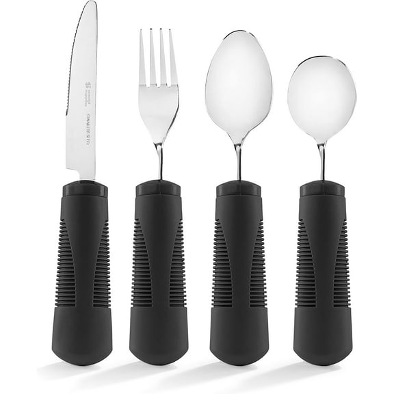 Special Supplies Adaptive Utensils (4-Piece Kitchen Set) Weighted, Non-Slip Handles for Hand Tremors, Arthritis, Parkinson?s Elderly use - Stainless Steel Knife, Fork, Spoons (Black Weighted Bendable)