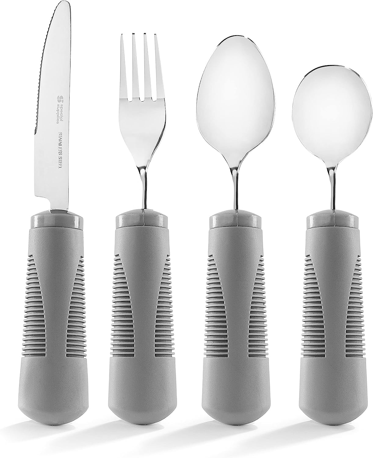 Set of 5 Colored Adaptive Utensils - Stainless Steel Knife, Rocker Knife,  Fork, Soup Spoon, Dinner Spoon