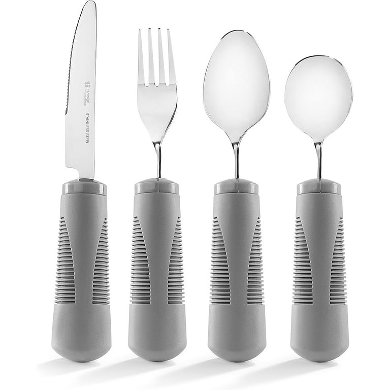 Special Supplies Adaptive Utensils (4-Piece Kitchen Set) Weighted, Non-Slip  Handles for Hand Tremors, Arthritis, Parkinson?s Elderly use - Stainless  Steel Knife, Fork, Spoons (Gray Weighted Bendable) 