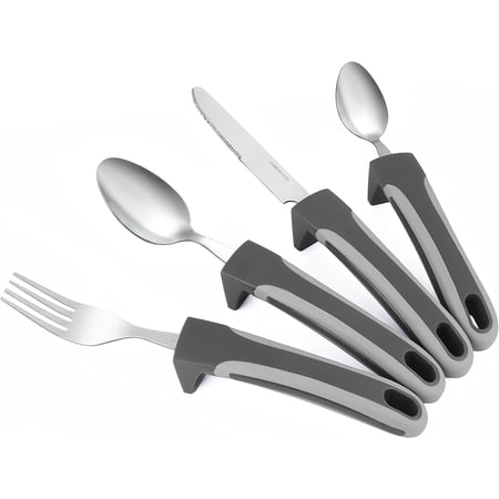 Special Supplies Adaptive Utensils 4-Piece Set — Non-Weighted Stainless Steel, Non-Slip Cutlery with Easy-Grip Handles for Hand Tremors, Elderly Use (Grey)