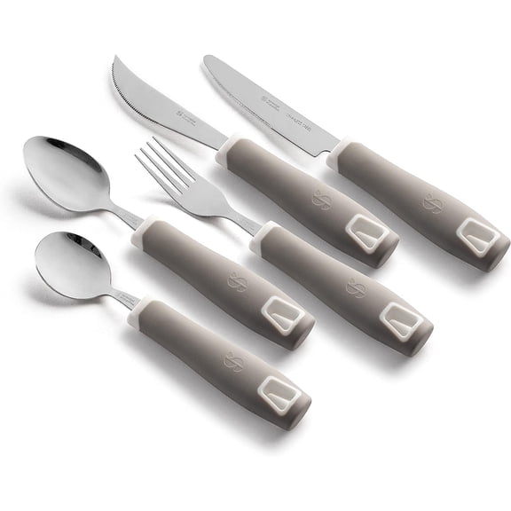 Special Supplies Adaptive Utensils 5-Piece Set — Non-Weighted Stainless Steel, Non-Slip Cutlery with Easy-Grip Handles for Hand Tremors, Elderly Use (Grey)