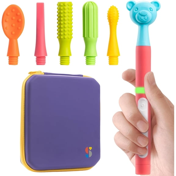 Special Supplies Buzz Buddy Oral Stimulation kit with 6 Soft Textured Interchangeable Heads, Calm Sensory Needs, Support Speech, and Stimulate Self Feeding, Gentle Vibrations (Pink)