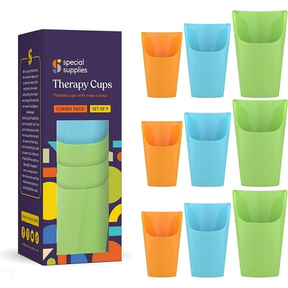 Special Supplies Combo Pack of 9 Flexible Drinking Cups with Nose Mold Cutout, 9 Pc. Set for Physical Therapy, Recovery, and Rehabilitation, BPA-Free Drink Tumblers, Kids and Adults