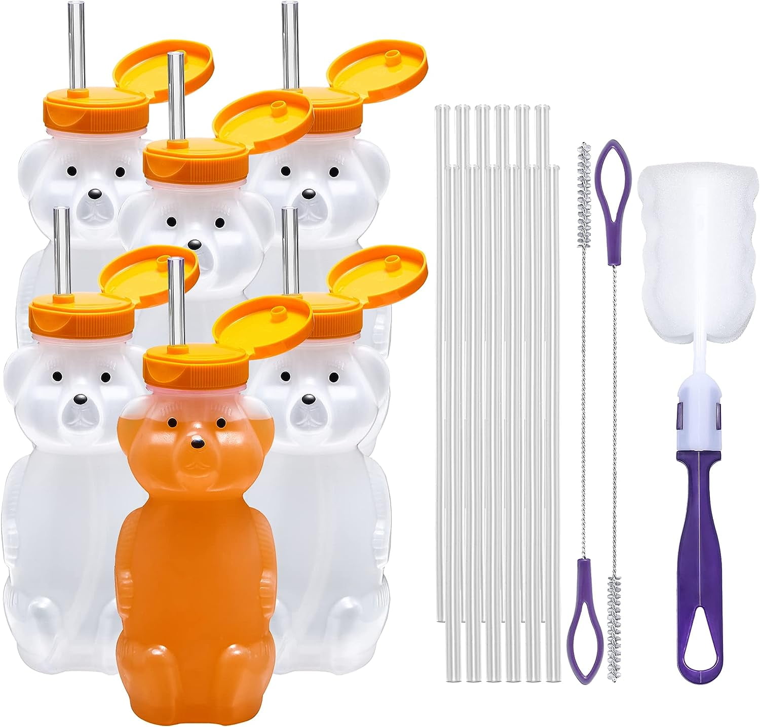 Special Supplies Juice Bear Bottle Drinking Cup with Long Straws, 6 Pack, Squeezable Therapy and Special Needs Assistive Drink Containers, Spill Proof and Leak Resistant Lids