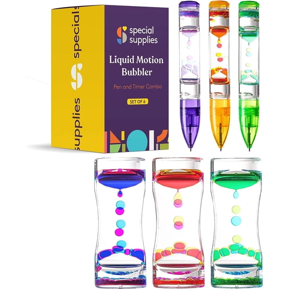 Special Supplies Liquid Motion Bubbler and Liquid Motion Pens  Hourglass Timer with Colorful Droplets for Sensory Focus, Liquid Toy Timer  Set of 6