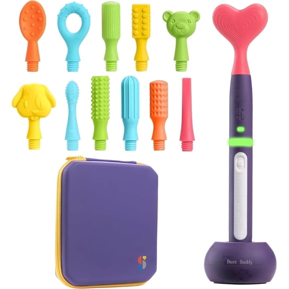 Special Supplies Buzz Buddy Oral Motor Tool - 12 Soft Textured Heads for Speech Support & Self Feeding - Gentle Vibrating Sensory Tool to Calm & Soothe