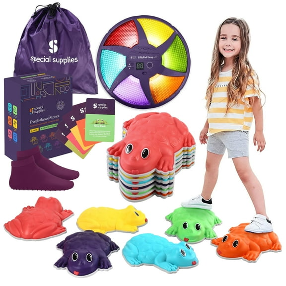 Special Supplies Stepping Stones for Kids - Set of 6 Frog Balance Blocks - Indoor/Outdoor Play - Child Safe Rubber, Non-Slip Edging - Promotes Coordination, Balance, Strength, Game Included
