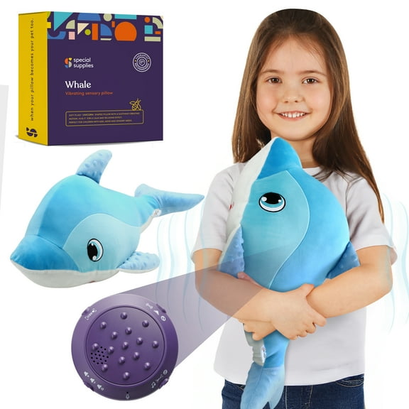 Special Supplies Vibrating Pillow Sensory Pressure Activated Calm for Kids and Adults, Plush Minky Soft Cover with Textured Therapy Stimulation Bumps (Whale)