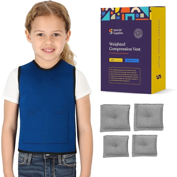 Special Supplies Weighted Vest for Kids – 6 Adjustable Weight Pockets, Sensory Compression Vest – Breathable Calming Support for Home and School (X-Small, Blue)