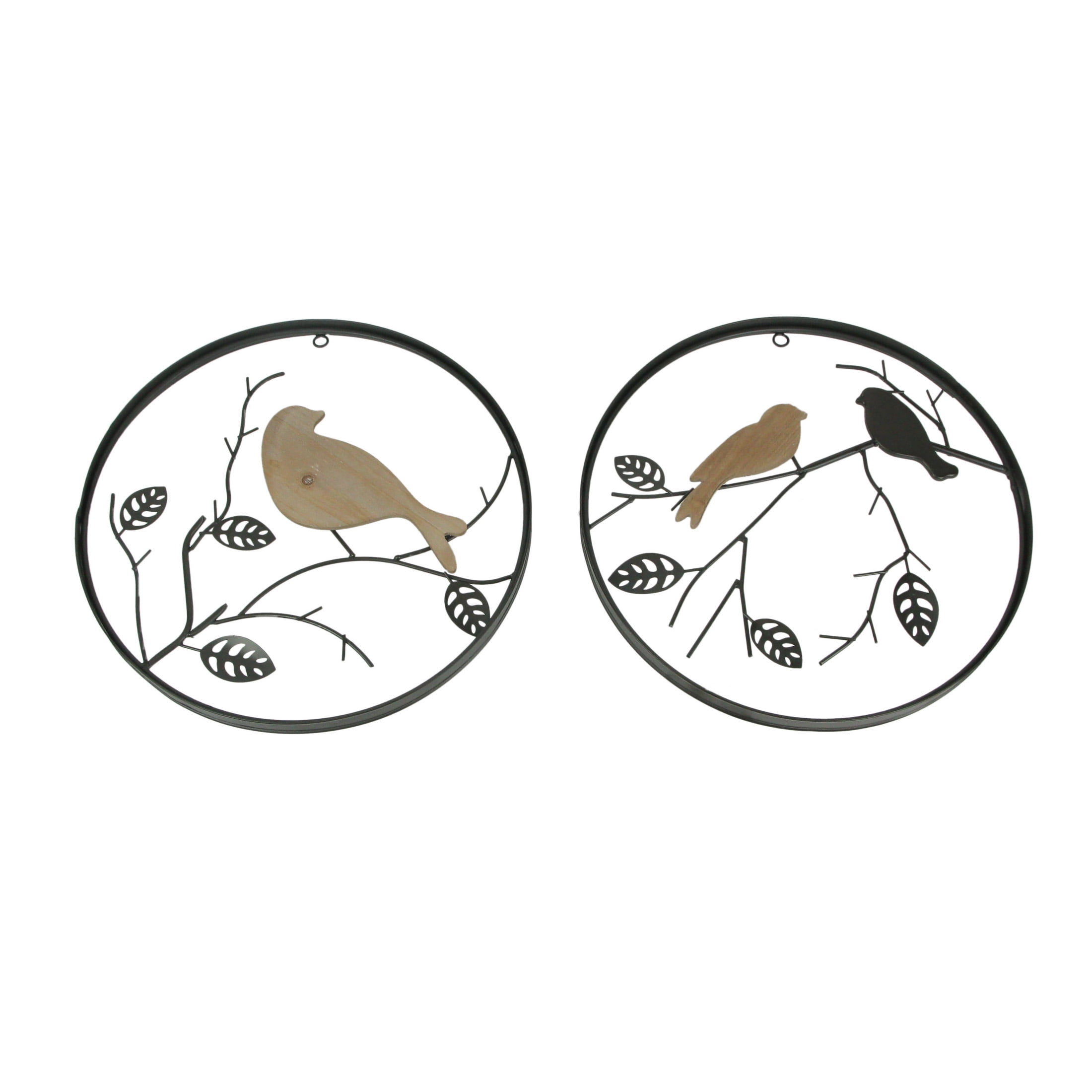15.5" Black Metal and Wood Birds on Branch Wall Sculptures