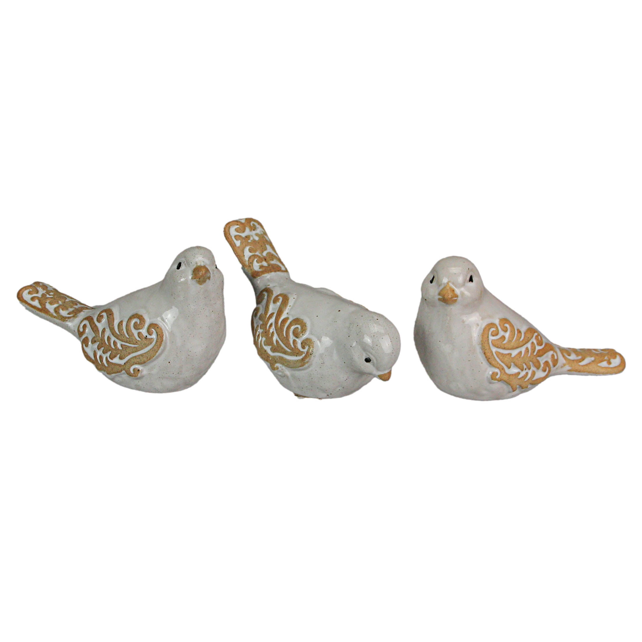 Set of 3 White and Tan Ceramic Bird Figurines for Home Decor