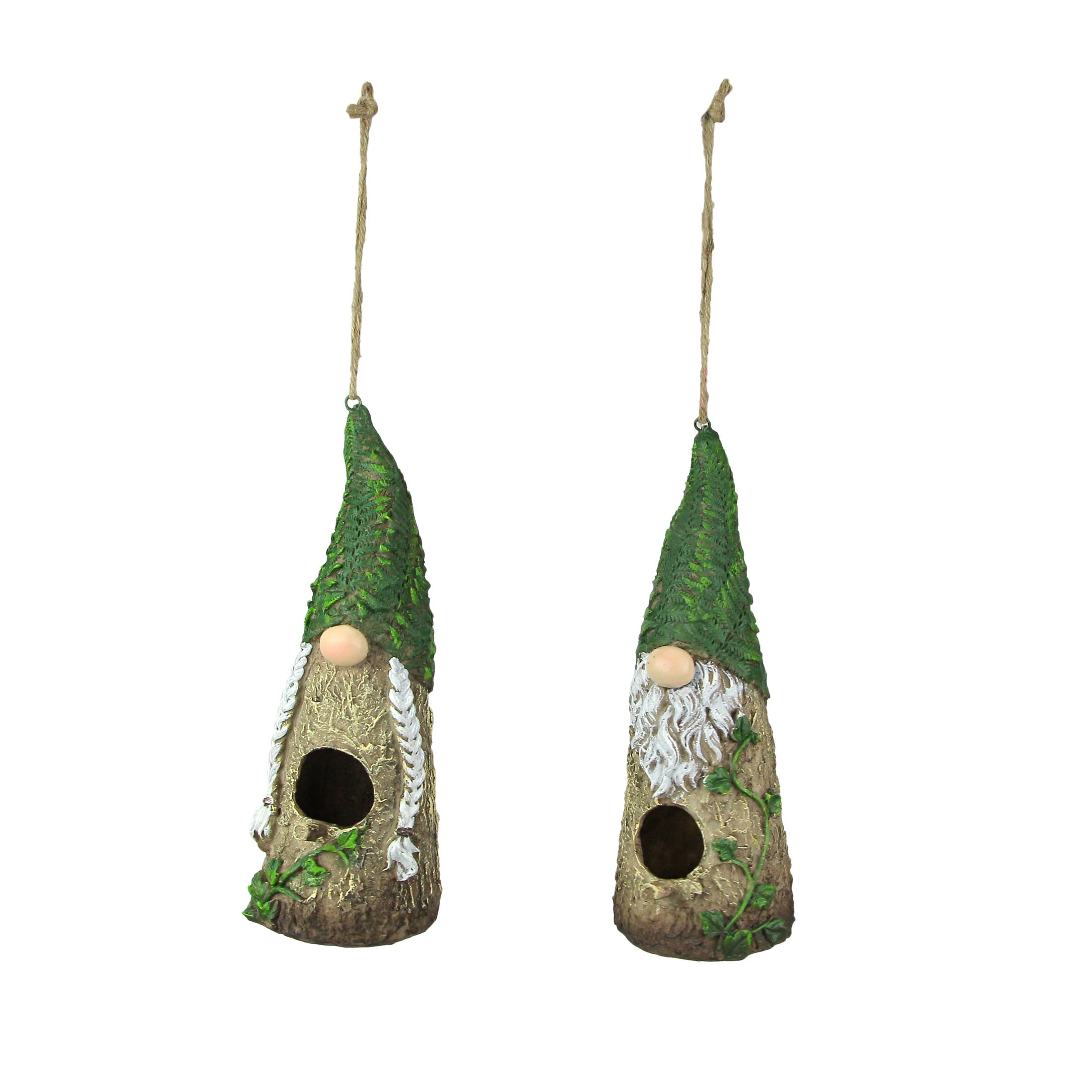 Set of 2 Green and Brown Resin Gnome Birdhouses