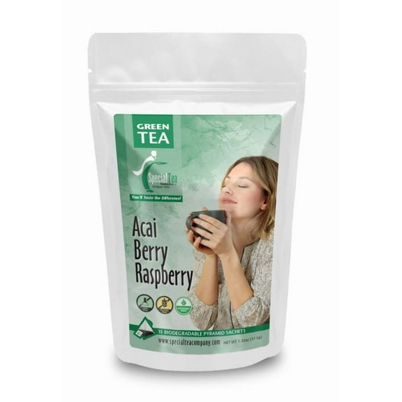 Special Tea Green Tea with Acai Berry and Raspberry Flavor, 15 Sachets