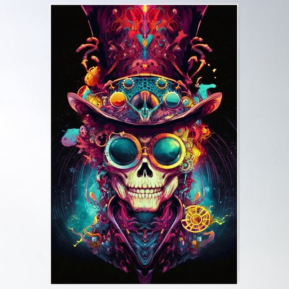 Special Whimsical Psychedelic Skull Madhatter Skeleton Art Design V.70 Poster Wall Art, Modern Wall Decor For Living Room Bedroom, 8x12 UNFRAMED