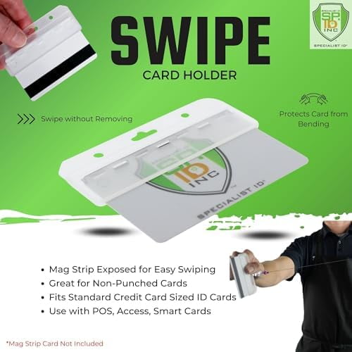 Specialist ID Frosted Rigid Plastic Horizontal Half Card ID Badge Holders - Hard Plastic Easy Access Swipe Card Gripper - Swipeable Badge Holders for Magnetic Strip Office and Student IDs - 5 Pack