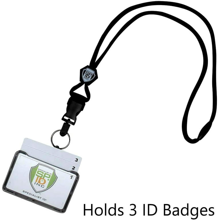 Specialist ID Horizontal 3 Card Badge Holder & Heavy Duty Lanyard with Breakaway Clip and Key Ring - Hard Plastic Rigid Name Tag Protector - Top