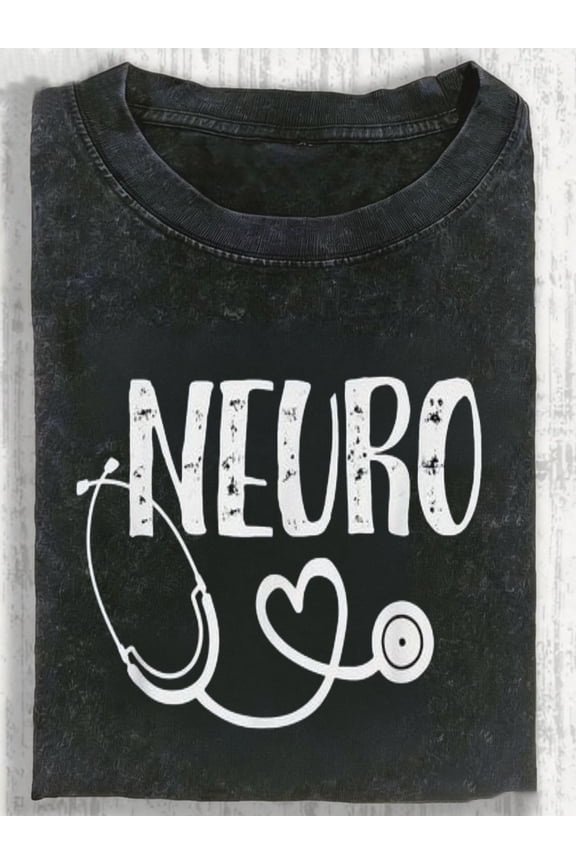 Specialized stethoscope heart monitor T-shirt for neurology nurses, acid-washed black round-neck shirt, distressed white print, soft pure cotton casual top, suitable for neurology doctors and nurses