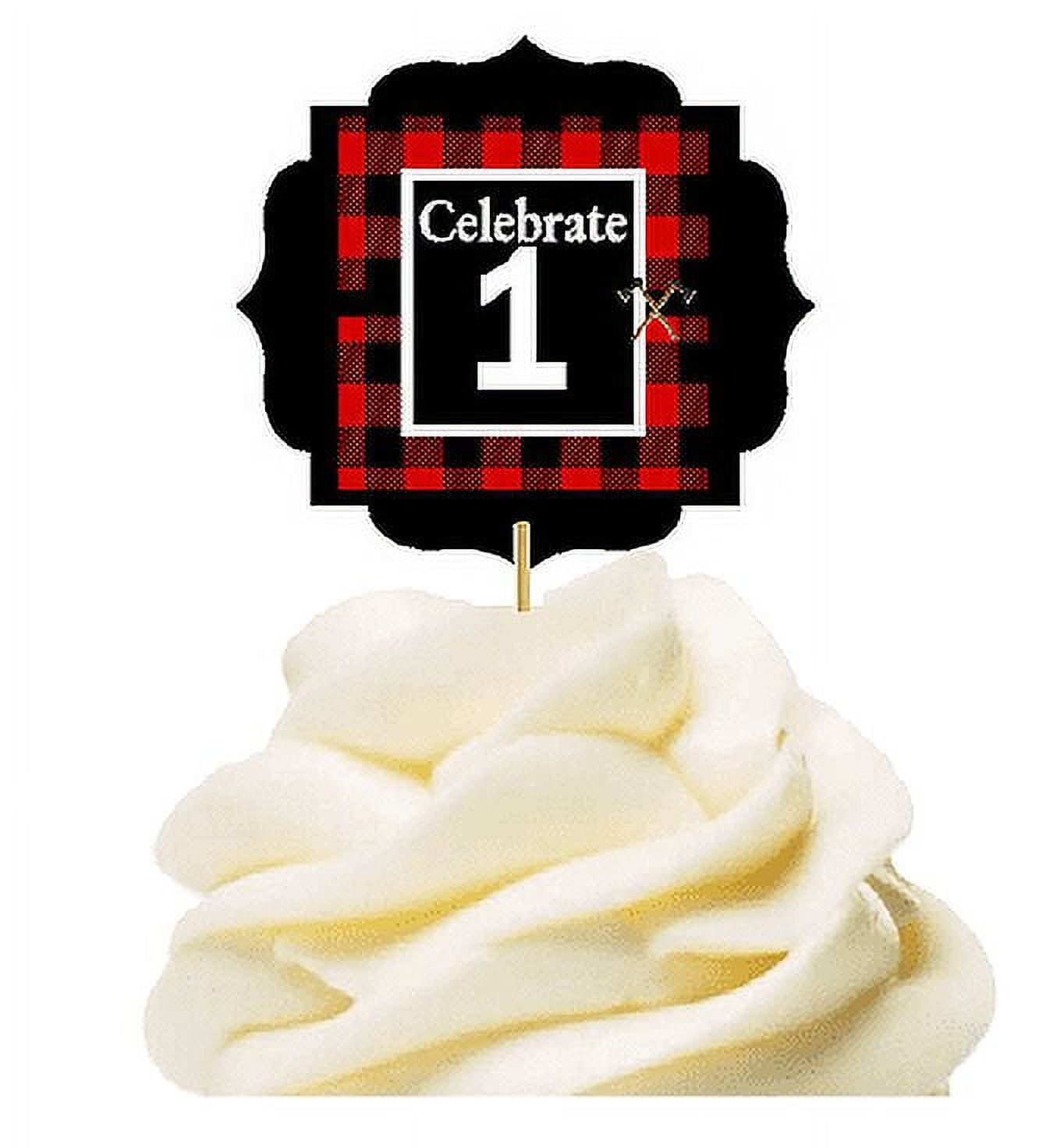 CAKESUPPLYSHOP Specially Crafted 1st Birthday / Anniversary LumberJack Buffalo Plaid Novelty Cupcake Decoration Toppers / Picks -12ct