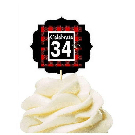 Specially Crafted 34th Birthday / Anniversary LumberJack Buffalo Plaid Novelty Cupcake Decoration Toppers / Picks -12ct