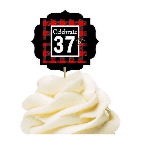 Specially Crafted 37th Birthday / Anniversary LumberJack Buffalo Plaid Novelty Cupcake Decoration Toppers / Picks -12ct