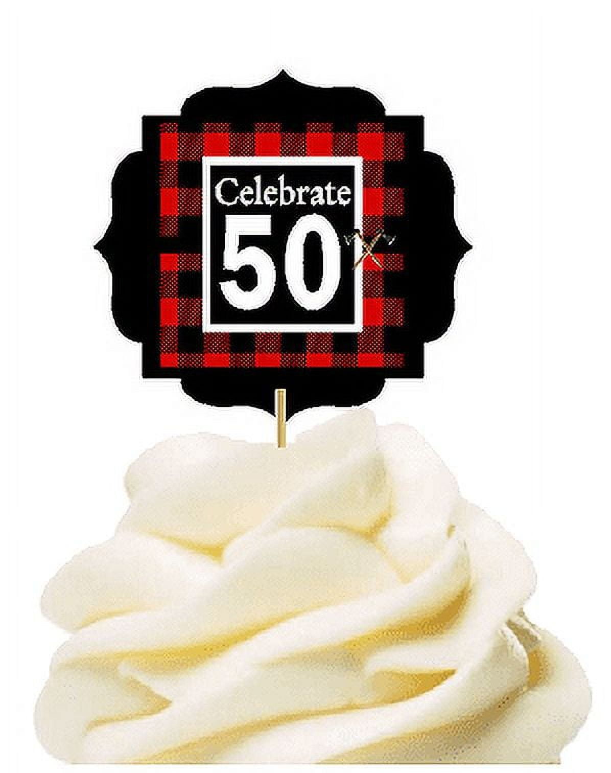 CAKESUPPLYSHOP Specially Crafted 50th Birthday / Anniversary LumberJack Buffalo Plaid Novelty Cupcake Decoration Toppers / Picks -12ct