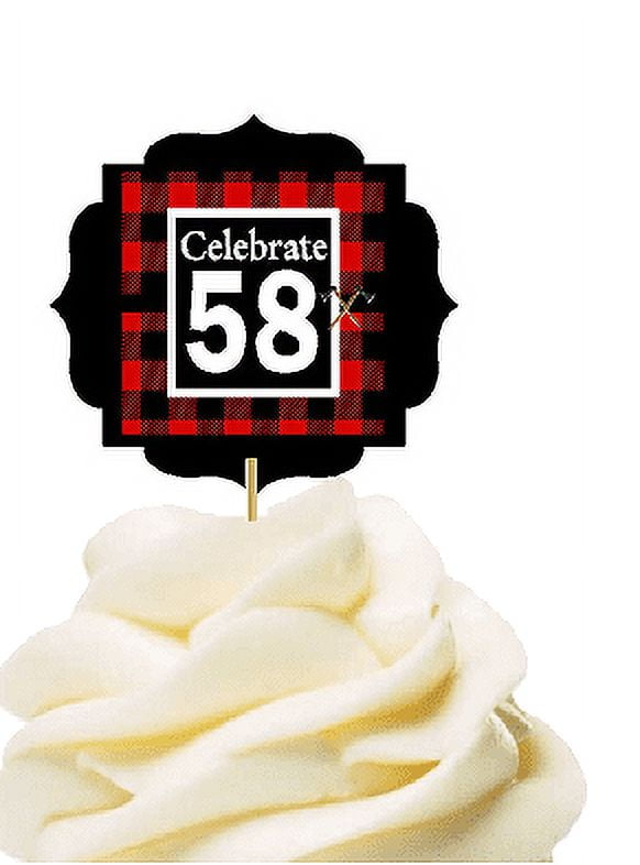 CAKESUPPLYSHOP Specially Crafted 58th Birthday / Anniversary LumberJack Buffalo Plaid Novelty Cupcake Decoration Toppers / Picks -12ct