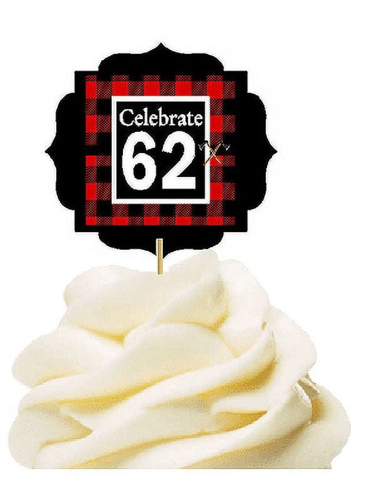 CAKESUPPLYSHOP Specially Crafted 62nd Birthday / Anniversary LumberJack Buffalo Plaid Novelty Cupcake Decoration Toppers / Picks -12ct