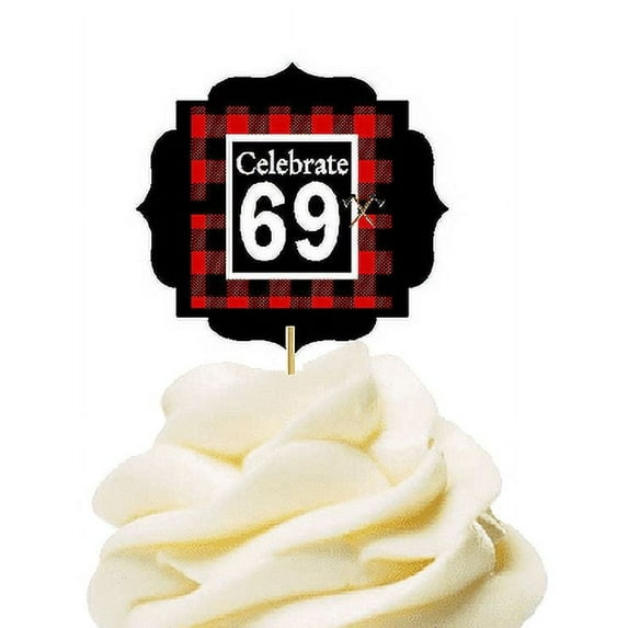 Specially Crafted 69th Birthday / Anniversary LumberJack Buffalo Plaid Novelty Cupcake Decoration Toppers / Picks -12ct