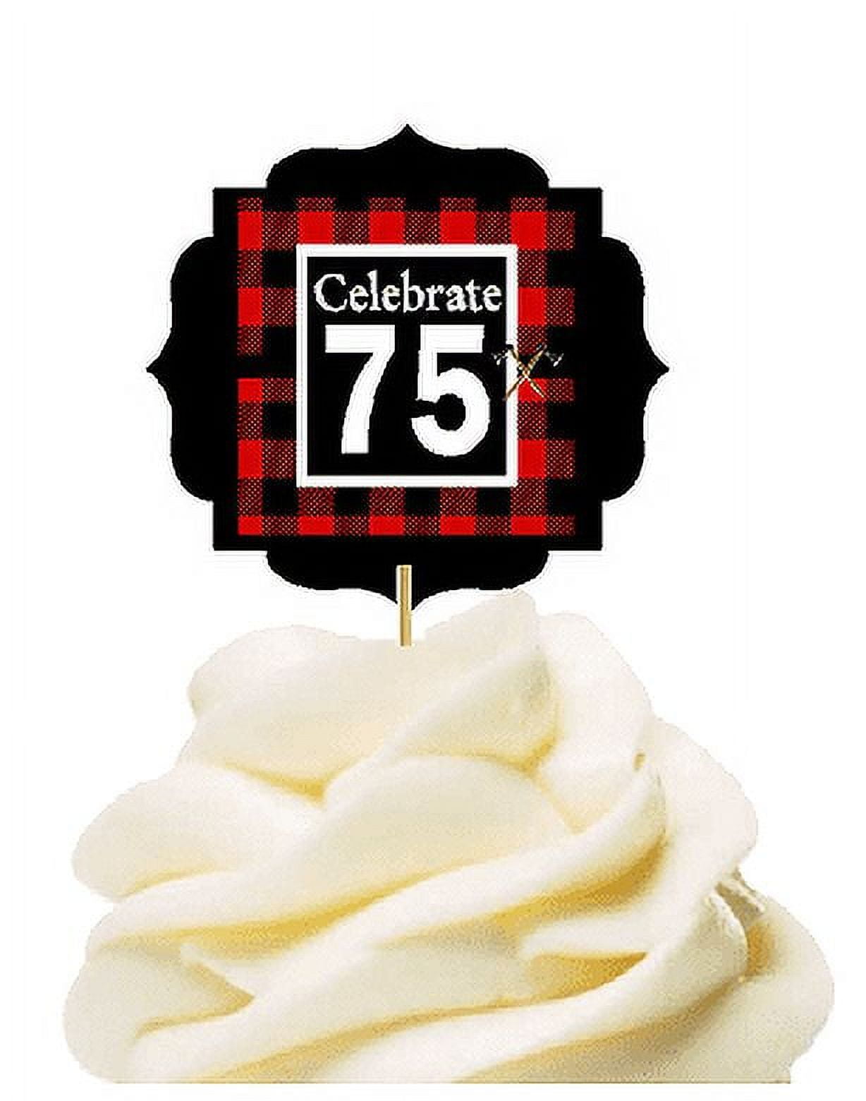 CAKESUPPLYSHOP Specially Crafted 75th Birthday / Anniversary LumberJack Buffalo Plaid Novelty Cupcake Decoration Toppers / Picks -12ct