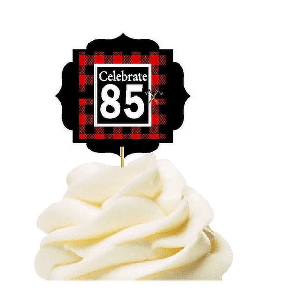 Specially Crafted 85th Birthday / Anniversary LumberJack Buffalo Plaid Novelty Cupcake Decoration Toppers / Picks -12ct