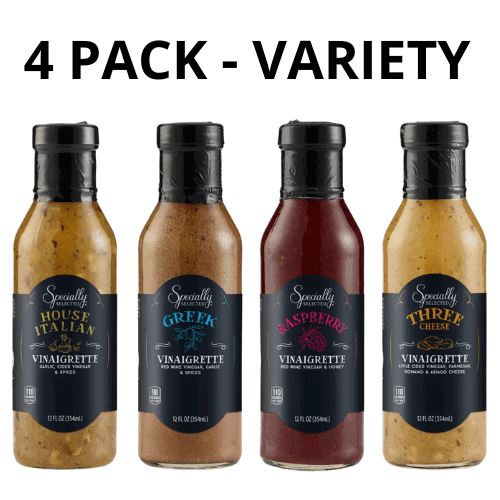Specially Selected Vinaigrette 12 fl oz Variety Three Cheese, Raspberry Splash, House Italian and Greek. Pack of 4