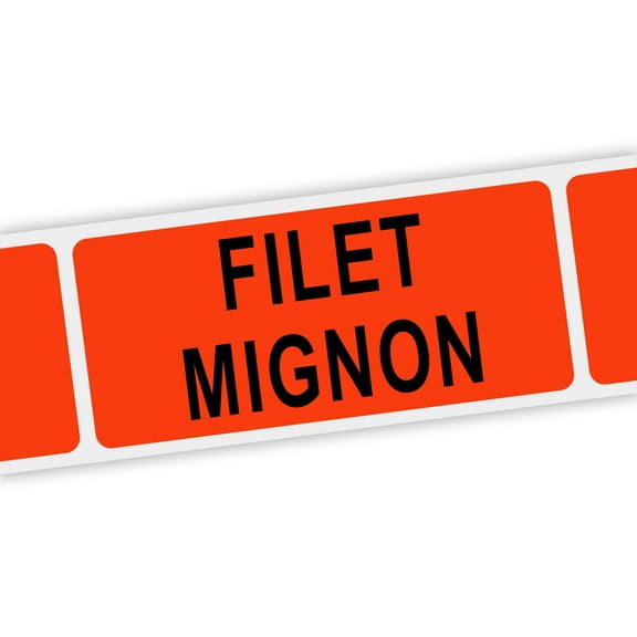 Specialty Printing Filet Mignon Grabber Label Dayglo Red with Black Print, 1.375" x 3/4" | 1000/Roll