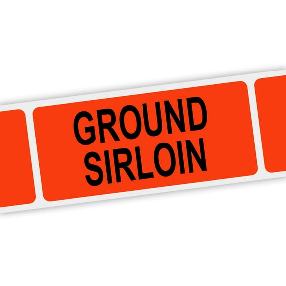 Specialty Printing Ground Sirloin Grabber Label Dayglo Red with Black Print, 1.375" x 3/4" | 1000/Roll