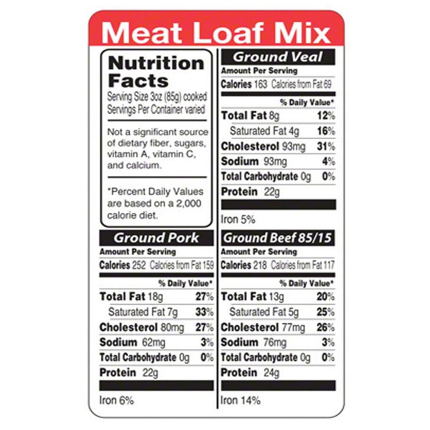 Specialty Printing Meat Loaf Mix Nutrition Label 1000/Roll
