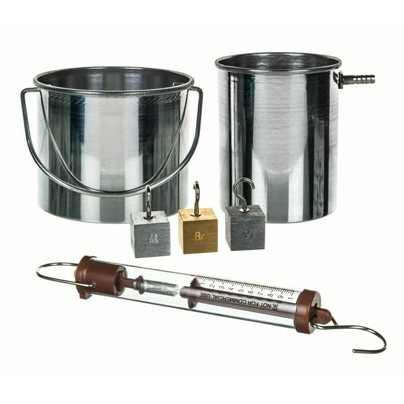 Specific Gravity and Essential Components Kit: Includes Newton Scale, Displacement Can, Catch Can, 3 Metal Cube Specimens with Hooks