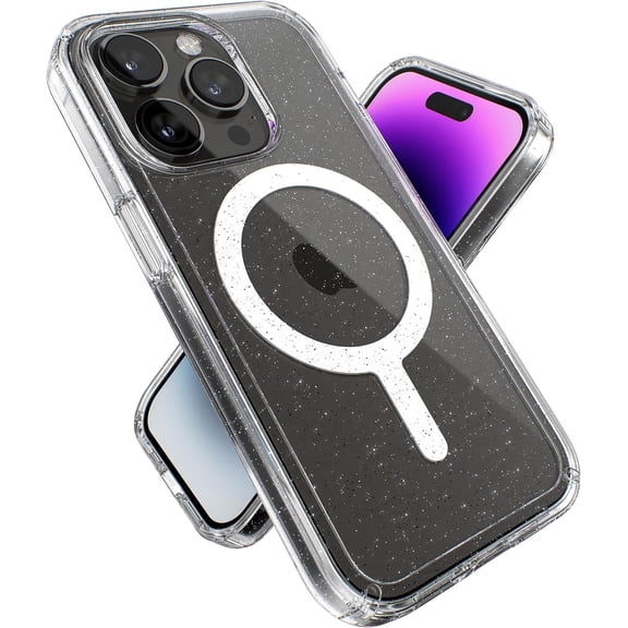 Speck Clear iPhone 14 Pro Case - Slim, Built for MagSafe, Scratch Resistant & Drop Protection Clear Phone Case - Anti-Yellowing for 6.1" iPhone 14 Pro Case Dual Layer - Platinum Glitter GemShell Clear/Clear W/Platinum Glitter