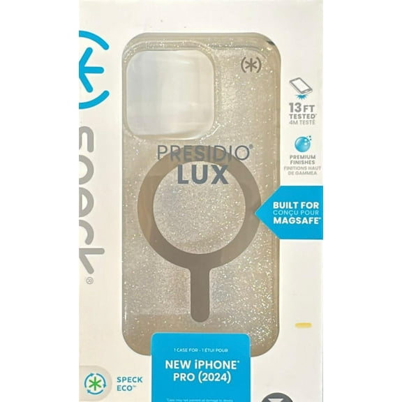 Speck Presidio Lux Glitter MagSafe Case for Apple iPhone 16 Pro, Clear/Gold Glitter
