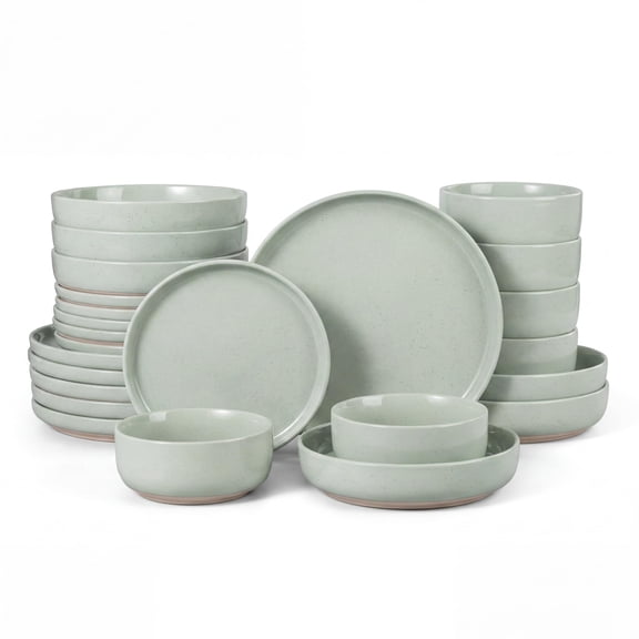 Speckled Asparagus Green 24pcs(with Pasta Bowls) for 6 Stoneware Dinnerware Set