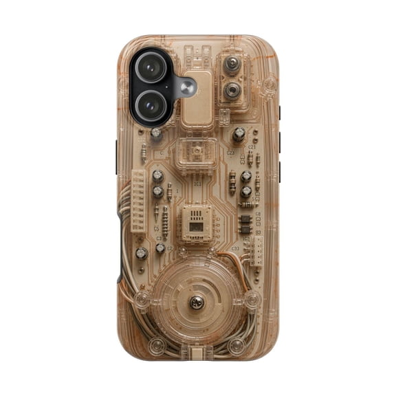 Speckled Beige Tan Cyberpunk Print Futuristic Tough Phone Case, Dual-Layer Protective Cover for iPhone