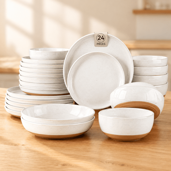 Speckled Glaze Beige Ceramic 24-Piece Dinnerware Set Service for 6