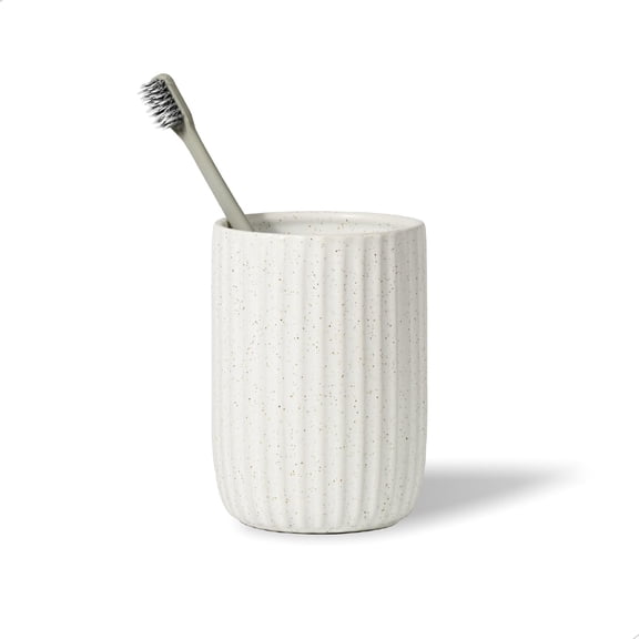 Speckled Matte White Ceramic Toothbrush Holder, Elegant Rippled Tumbler, Large Bathroom Organizer for Toothbrushes and Toothpaste, Pen Holder, Matte Speckled White
