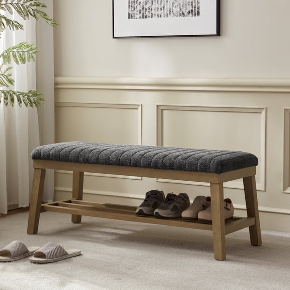 VKNOW Upholstered Open Shelves Bench, Black, 300 lb Limit